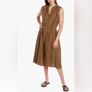 NWT Vince Sleeveless Shirred Band Collar V-Neck A-Line Midi Dress Womens Small